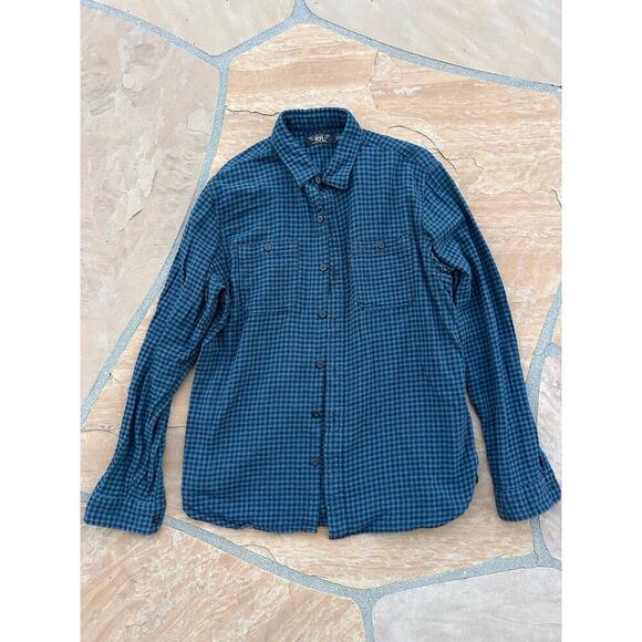 Ralph Lauren RRL Blue Plaid Shirt Men Large Long Sleeve Western Double RL Cowboy